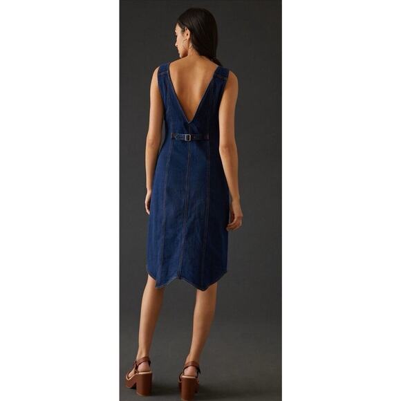 Anthropologie X Pilcro Petite 2 Denim V-Neck Button Up Stretchy MIDI Dress NEW - Picture 2 of 13